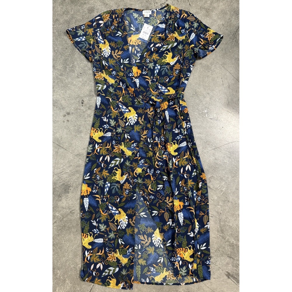 J Crew Factory Navy Blue Cheetah Jungle Novelty Print Midi Wrap Dress 00 $79 MSR